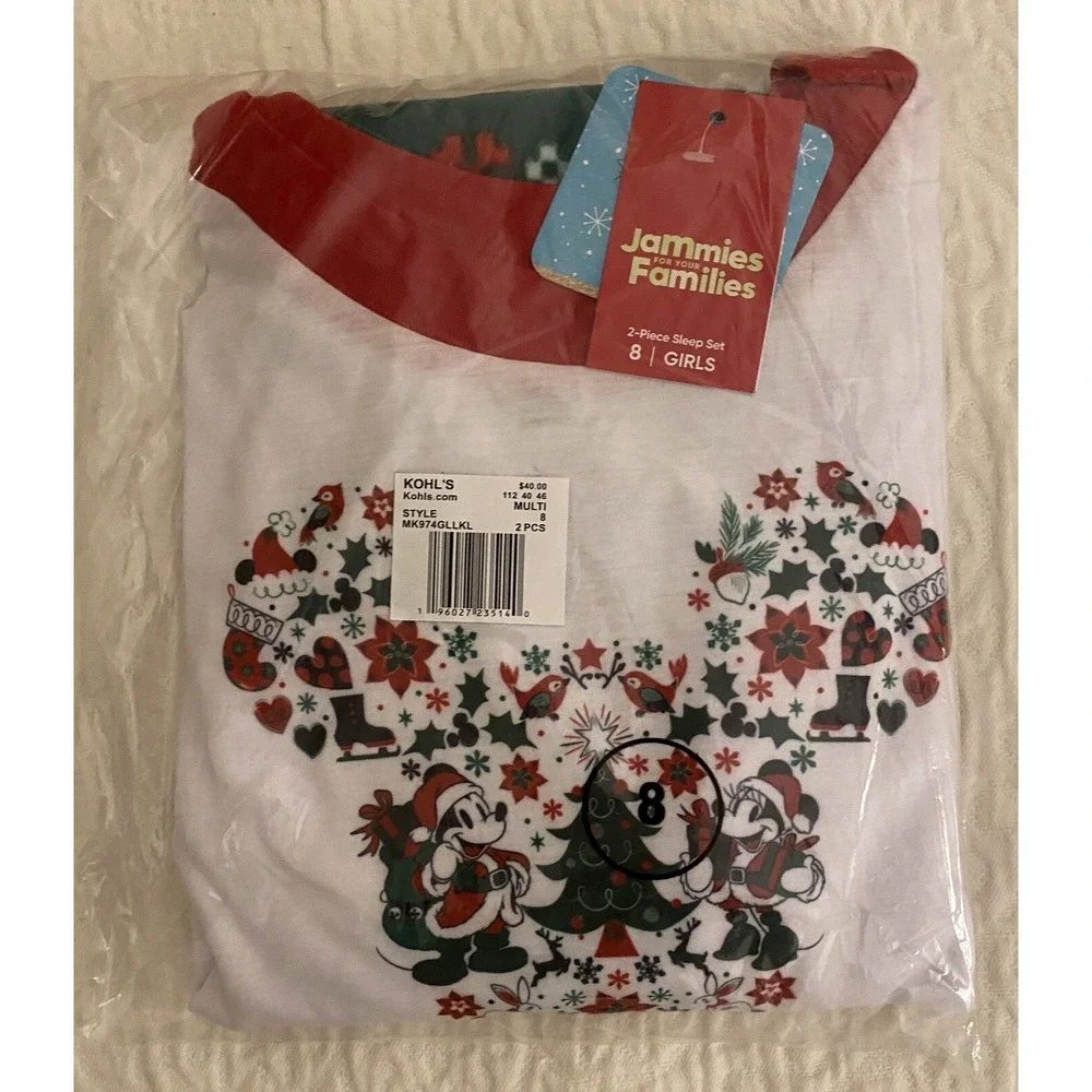 Mickey Mouse Pajamas Girls 8 Green Red Christmas Holiday 2pc Set